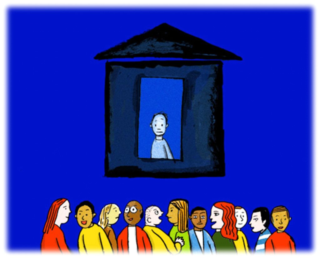 Illustration of a lone figure standing at a lit window above a crowd of diverse people