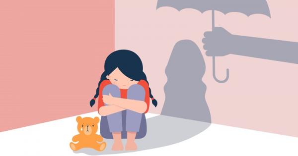 Illustration of a child sitting alone hugging her knees beside a teddy bear, with a shadow of a hand holding an umbrella above her