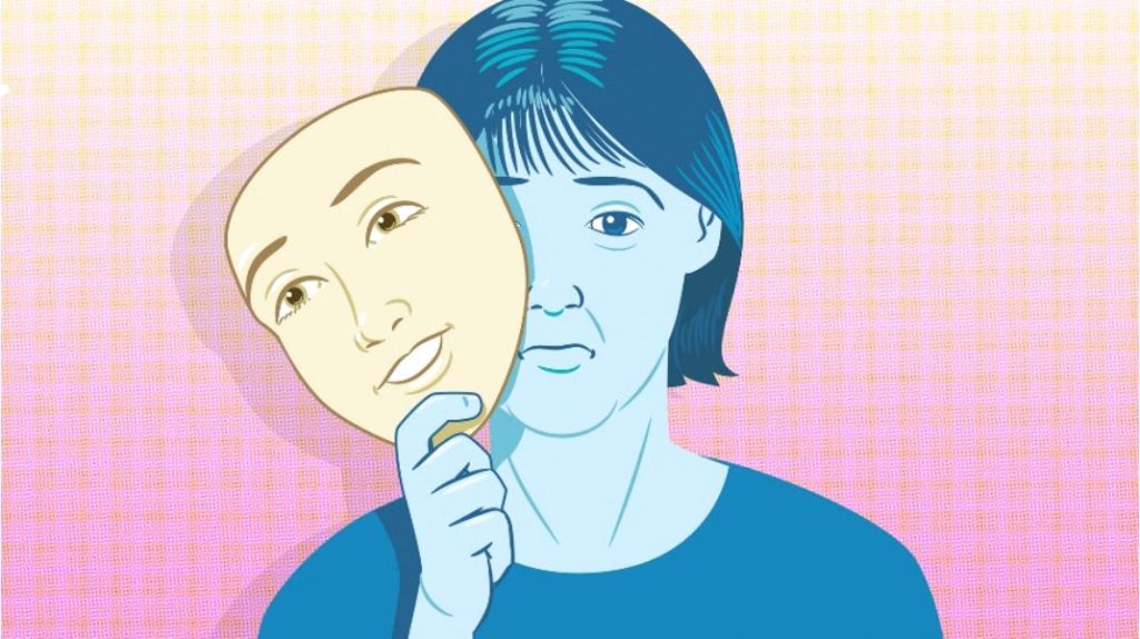 Illustration of a person holding a smiling mask in front of their own worried face