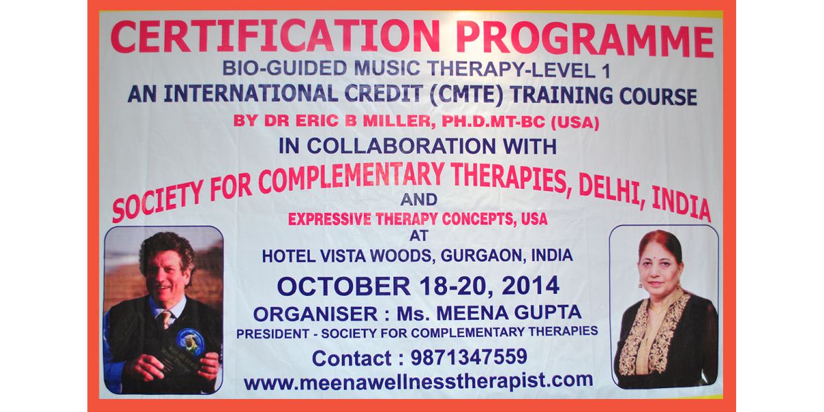 Historical 2014 Bio-Guided Music Therapy certification programme banner featuring Dr. Eric B. Miller and Society for Complementary Therapies